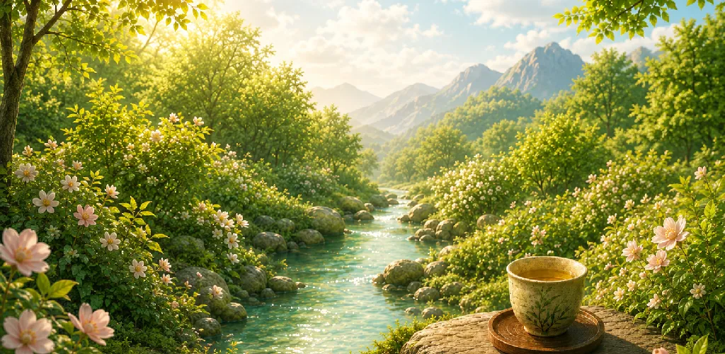 A sunlit river winding through blossoming greenery, with distant mountains and a cup of tea resting on a stone